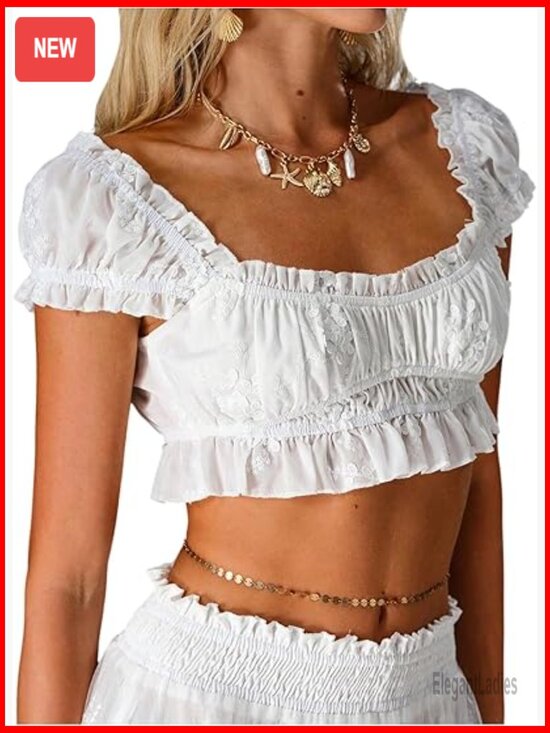 Tops - Embroidery Puff Sleeve Cropped Blouse Going Out Frill Trim Cute Top